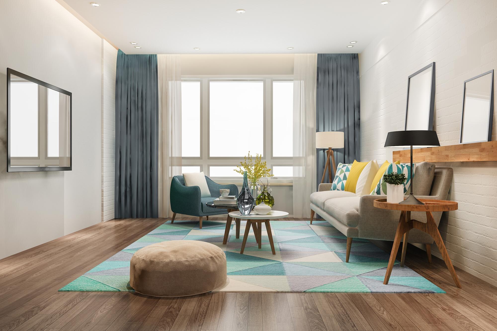 Modern minimalist living room with neutral tones and natural lighting