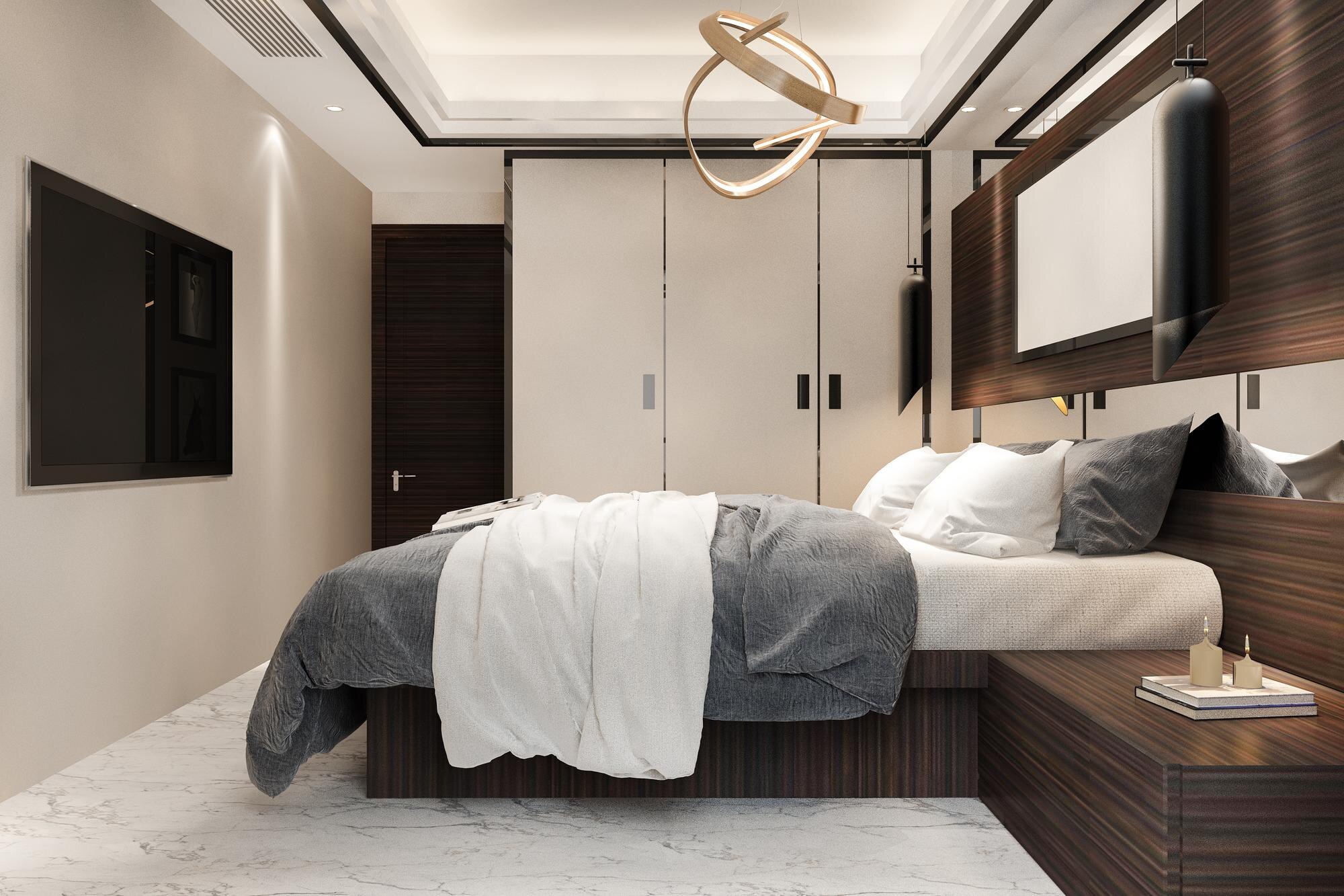 Elegant bedroom interior with luxurious furnishings and soft lighting